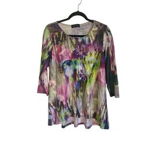 Katina Marie Green & Purple Colorful Floral Swingy Top Women's Size Small Flowy